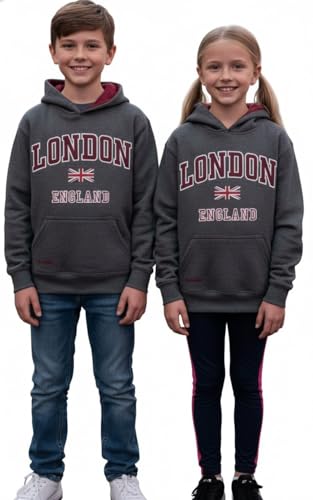 London England Kinder Kapuzenpullover, Grau (LE129K), carbon, 7-8...