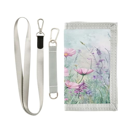 Burbuja Aquarela Flores silvestres no prado (3) carteira feminina de tecido com cordão, porta-chaves, compartimentos para cartões de dinheiro e bolso para moedas