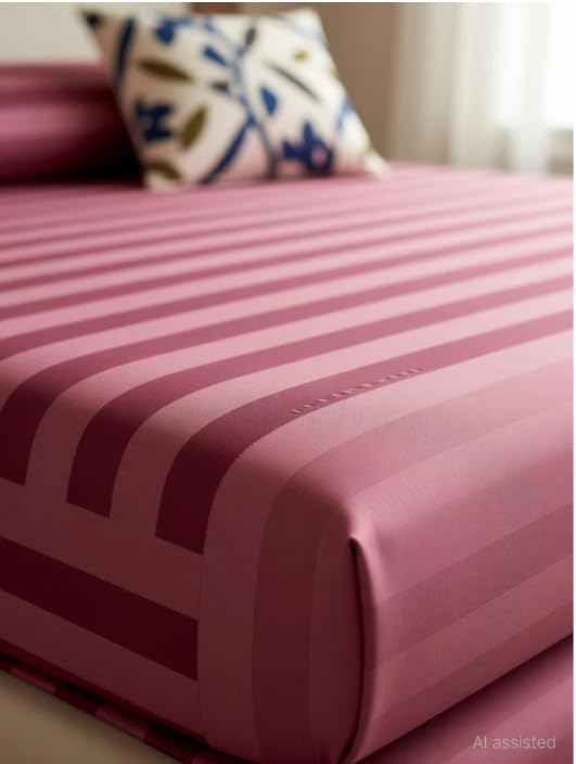 Image of Pink Striped King Flat Bedsheet 300 Thread Count Polycotton Blend
