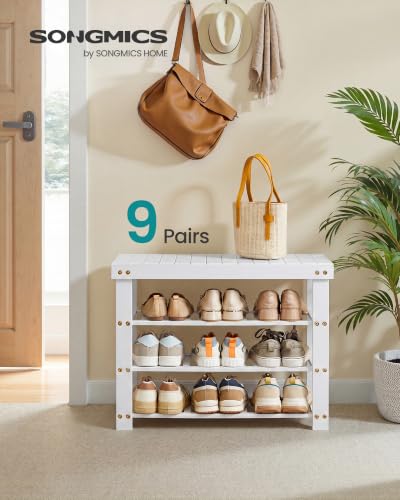 Image of SONGMICS Bamboo Shoe Bench with Seat, 11.3 x 27.6 x 20.5 Inches | Entryway Organizer for Bedroom, Cloud White, Bambou Collection ULBS370W101