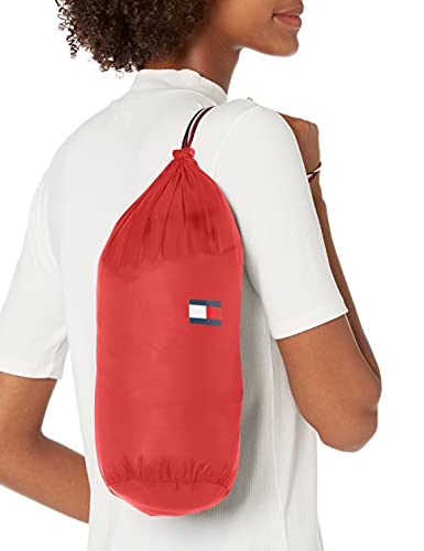 Tommy Hilfiger Women's Mid-Length Puffer Hooded Down Jacket With Drawstring Packing Bag, Crimson, Large #TOP2