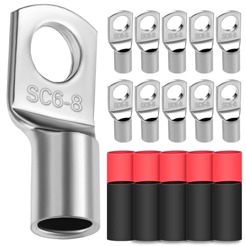 10x Cable Lugs 6mm² M8 Thickened Copper Uninsulated SC Crimp Lugs Battery Cable Ends Lugs Battery Terminals with 10 Heat-shrink Tubing 3: 1
