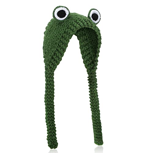 Neer Gorro de de Rana Tejido Lindo Gorro de Punto de Rana de Ojos Grandes Sombrero de Rana de Punto de Lana Verde Gorro de Animal Kawaii con Ojos Accesorios de Foto de Fiesta Disfraz para Niños