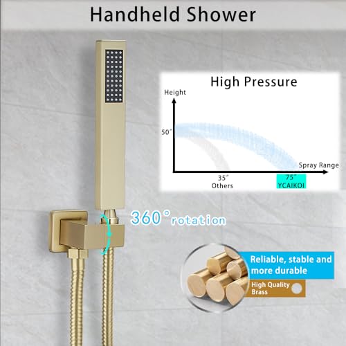 Image of Brushed Gold Shower System YCAIKOI Wall Mount Shower Faucet Set for Bathroom 10 Inch High Pressure Luxury Shower Head with Handheld, Rough-in Valve Body and Trim Included