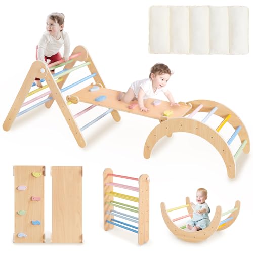 Image of Beright PiklerTriangle Set Upgraded with White Cushion, Set 7in1 Foldable Toddler Climbing Toys, Wooden Montessori Climbing Set Indoor Jungle Gyms with Arch, Ramp, Ladder, Rainbow