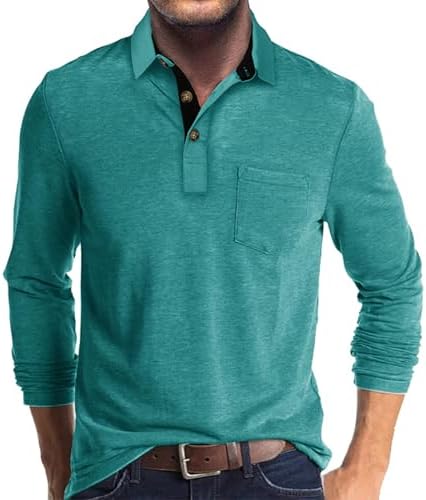 Aulemen Men's Polo Shirts with Pocket Athletic Moisture Wicking Long Sleeve T Shirt Casual Button Collared Basic Golf Shirt Lake Green