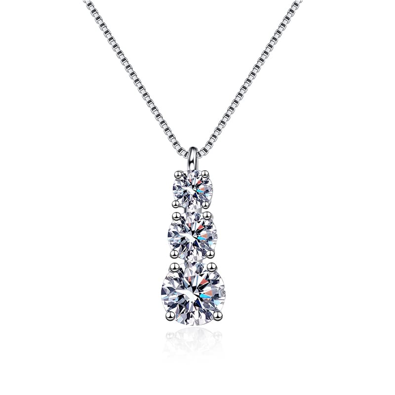Collier pendentif moissanite 3 pierres en argent massif plaqué rhodium pour femme