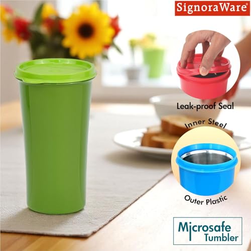 Image of SignoraWare Monarch Stainless Steel Tumbler | Airtight & Leakproof | Easy to Carry & Clean | Ideal for Cold Beverages | Perfect for Office, School, Home & Outdoor Use (650ml | Green)