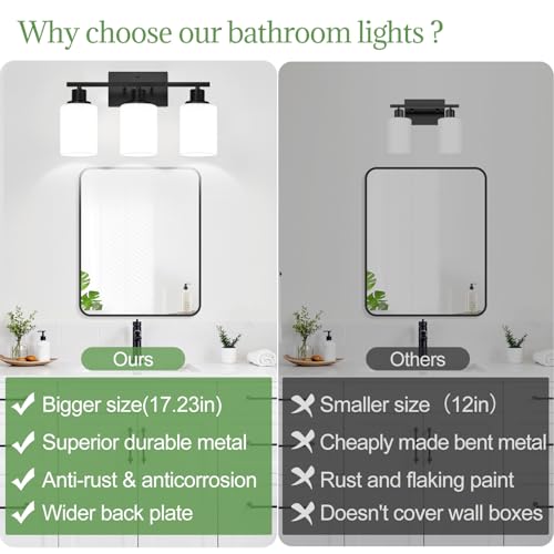 Image of MOKATNG 3-Light Bathroom Light Fixtures, Vanity Light with Milky White Shades, Matte Black Bathroom Light Fixtures Over Mirror, Modern Bathroom Wall Lamp for Mirror Living Room Cabinet Bedroom