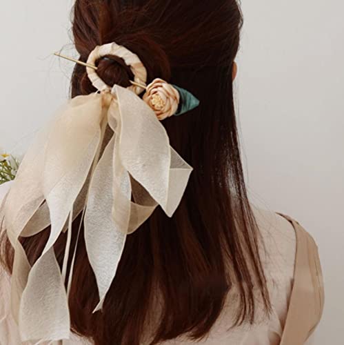 Cachecol de cabelo com fita de laço retrô scrunchies bastões de cabelo chineses decoração de flores