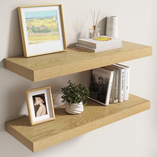 Image of Dreamland 30 Inch Floating Shelves for Wall,8 Inch Deep Floating Shelves,30 inch W x 8 inch D Wall Shelves for Bedroom,Living Room, Kitchen,Bathroom,Oak Color,Set of 2
