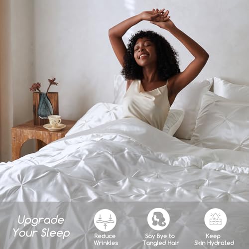 MR&HM Satin Comforter Full 7 Pieces - Luxurious Pinch Pleat Bedding Set with Comforter, Flat Sheet, Fitted Sheet, Pillowcases & Shams, Super Silky Soft Bed Set for All Season (Full, White)