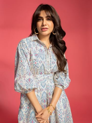 Image of SAAKI by Samantha Ruth Prabhu Ikat Printed Oversized Tie Up Dress |100% Cotton Light Blue Dress for Women, (Light Blue, Pack of 1)