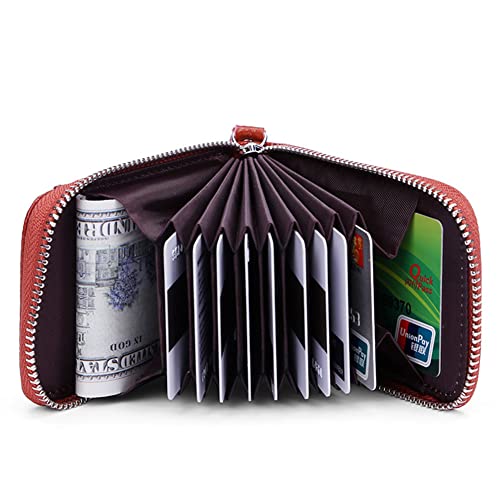 Credit Card Holder,Cowhide Leather Wallets Business Card Holder Credit Card Protector Case 9 Cards Slots Zipper Card Cases Holder for Women Men,Brown2