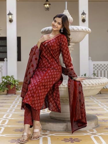 Image of PARTHVI|Women's Pure Cotton Printed with Handwork Kurta with Pants and Dupatta Set | Ethnic Set | Suit Set | Kurta Set | Wedding Suit Set