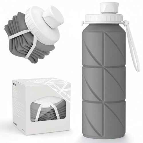Image of Barebeauty Folding Silicone Water Bottle | Collapsible Travel Water Bottle for Gym, Office, School, Cycling, Hiking & Outdoor Sports | Leak-Proof, Portable Bottle | 600 Ml (Grey)