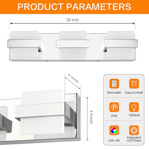 Image of SOLFART Modern LED Vanity Lights Chrome, Dimmable Bathroom Light Fixtures Over Mirror, 24W 1920 Lumens Minimalist High-End Wall Lights for Bathroom