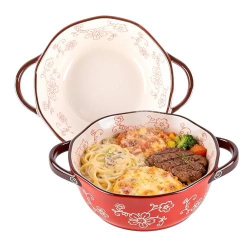CZCMYAU 2 Pack Ceramic Soup Bowls 22 Oz with Handles French Onion Soup Bowl Set Stacked Serving Bowls for Stew Pasta Cereal Ramen Noodle Dishwasher and Microwave Safe Red