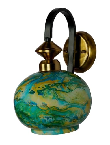 Image of HL Home Lighting Black Gold Finish Steel Single Wall Lamp with Green Marble Glass Globe