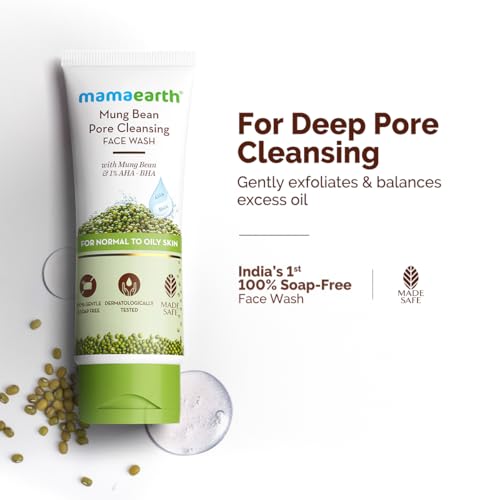 Image of Mamaearth Mung Bean Pore Cleansing Face Wash with Mung Bean, AHA & BHA - 100 ml | For Normal to Oily Skin | India's 1st 100% Soap-Free Face Wash for Deep Pore Cleansing | Made Safe Certified | Oil Control | Tan Removal
