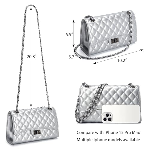 Image of Quilted Leather Crossbody Bags for Women Trendy Ladies Shoulder Purse Satchel HandBag with Chain Strap