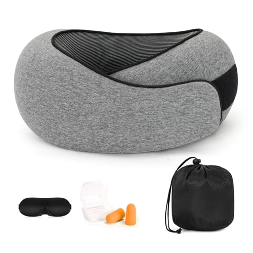 Purecas 360 Memory Foam Travel Pillow for Adults | Adjustable Neck Support for Long Flights Train & Car Journeys | Includes Carry Case Eye Mask & Ear Plugs for Complete Travel Comfort(Light Grey)