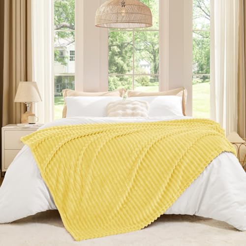 Image of BEDELITE Fleece Throw Blanket for Couch - 3D Ribbed Jacquard Soft and Warm Decorative Fuzzy Blanket - Cozy, Fluffy, Plush Lightweight Light Yellow Throw Blankets for Bed, Sofa, 50x60 inches