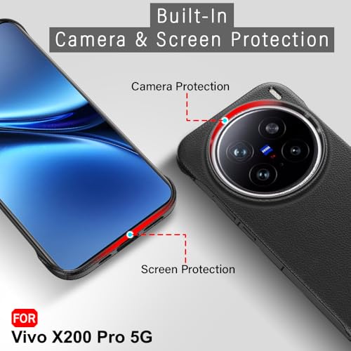 Image of TheGiftKart Hybrid Ultimate Slim Back Case Cover for Vivo X200 Pro 5G | Lightweight Profile | Hard Back Cover for Vivo X200 Pro (PC & TPU, Metal Camera Ring, Leather Texture Finish, Black)