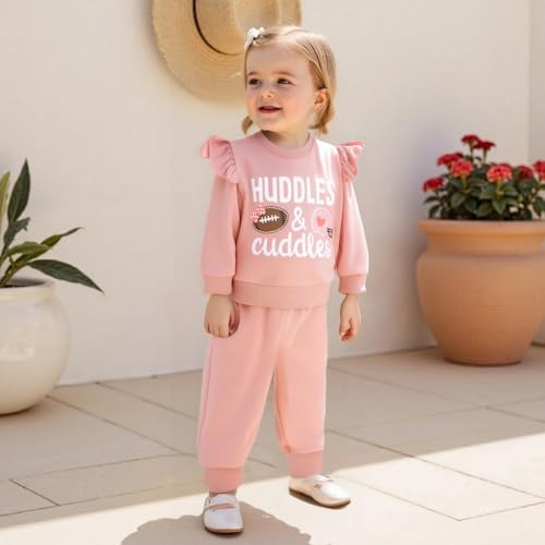 Toddler Baby Girl Fall Outfit Cute Pink Ruffle Sleeve Baby Pants Set with ​Football Huddles & Cuddles Print2