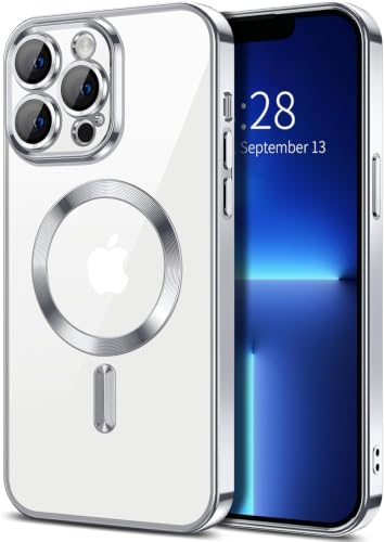 Image of VONZEE Electroplating Transparent Clear Logo Back Cover TPU Compatible with iPhone 13 Pro Max Case, Compatible with Magsafe, Full Body & Individual Camera Protection for Each Lens (Grey)