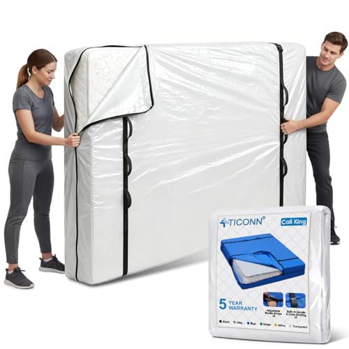 TICONN Mattress Bags for Moving, Heavy Duty Cali King Mattress Cover Storage Bag with Full-Around Handle and Adjustable Buckles (Clear, Cali King)
