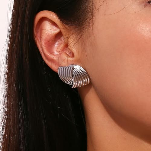 Boucles d'oreilles géométriques acier et titane rayures design rétro minimaliste - 7