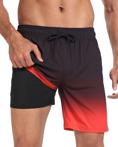 Image of Mens Swim Trunks with Compression Liner 2 in 1 Quick Dry Swimming Shorts Swimwear Bathing Suits with Pockets