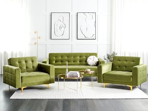 Beliani Couchgarnitur Samtstoff grün 3-Sitzer Schlafsofa & 2 Sessel Modern Aberdeen – Bild 3