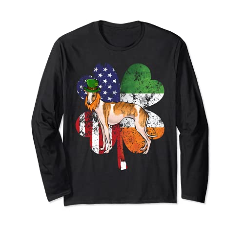 St Patricks Day Irish American Flag Whippet Dog Long Sleeve T-Shirt, Black