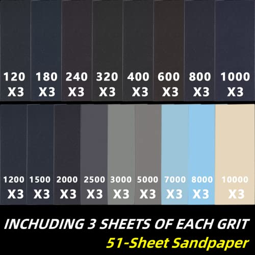 FEIHU Schleifpapier Set, Körnung von 120/180/240/320 bis 7000/8000/10000, Wasserfest Nass & Trocken für automatisiertes Schleifen, epoxidharz, Holz, Stein, Lack, Metall,Autos,9 x 3.6 Zoll(51 Stück)