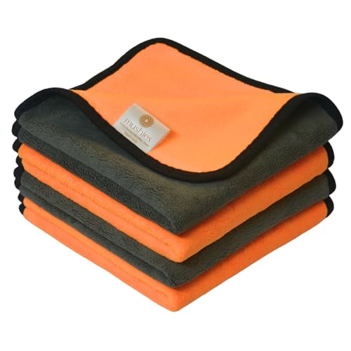 Image of MUSHIES 800 GSM Microfiber Cloth (40x40 cm, Pack of 4) Double Layered Highly Absorbent Heavy Plush Microfibre Towel Cloth for Car Cleaning, Washing, Drying, Polishing & Detailing (Orange)