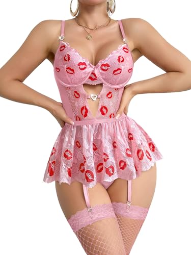 Image of Lilosy Sexy Lingerie Set 3 Piece Women Corset Bodysuit Skirt | Rhinestone Heart Stocking Garter Plus Size Underwire Mesh Sheer Lace Push Up Babydoll Halloween Christmas Valentine's Bridal