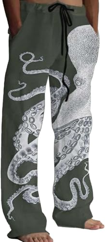 YongXinMY Pantalon de détente imprimé de style japonais pour homme - Graphique pieuvre jambe droite cordon de serrage taille élastique pantalon décontracté art Sashiko traditionnel pantalon en mélange