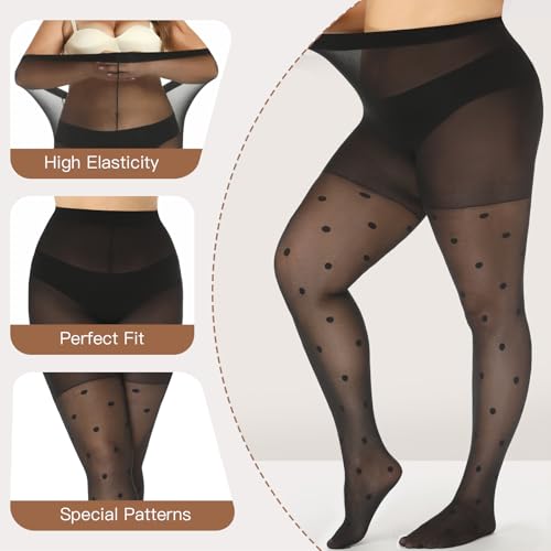 Image of Yilanmy Patterned Plus Size Tights Polka Dot 40D High Waist Black Leopard Sheer Pantyhose for Women