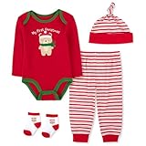 Baby Boy Girl My First Christmas Outfit 4-Piece Set – Bodysuit, Striped Pants, Hat & Socks Holiday Clothes (9 months)