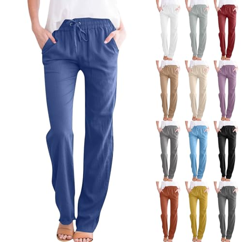 Linen Pants for Women Elastic High Waisted Straight Leg Trousers Pants Loose Casual Summer Dress Pants with Pockets