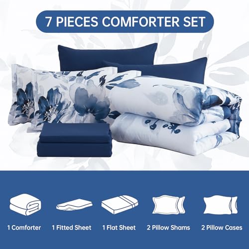 Luxudecor 7 Piece Comforter Set Queen Size, Blue Floral Bedding Set by Luxudecor - Used condition - Image 7