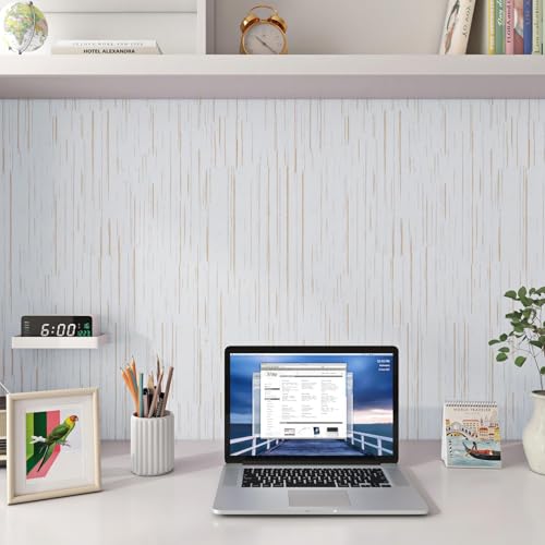Livelynine 15.8x394 Peel and Stick Textured Wallpaper for Bathroom Wall Waterproof Grass Cloth Fabric Texture Wall Paper Modern White and Gold Contact Paper for Cabinets Shelf Living Room Bedroom RV by Livelynine - Image 4