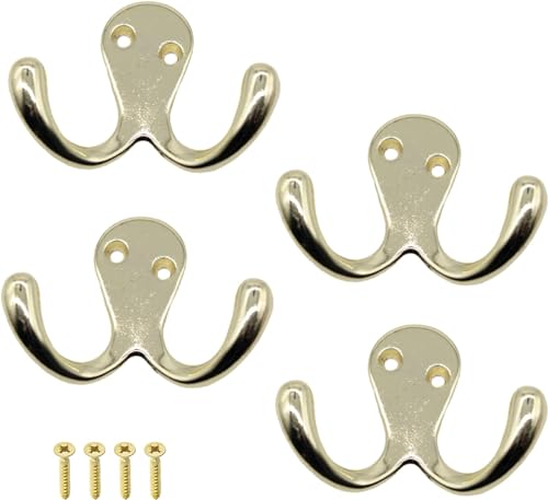 SISI UK Double Prong Robe Hook Dual Coat Hooks with Screws Brass Double Robe Hook for Coats 50mm x 78mm Wall Mounted Hooks Robe Hooks Hangers for Hat Tie Clothes Coats Towel Pack of 4.