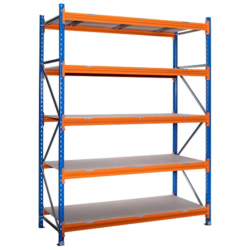 Estantería metálica media carga picking para almacenaje, sin tornillos, 2500x1800x400 mm (HxWxD) color Azul y naranja con 5 niveles de aglomerado ajustables en altura, soporta hasta 750 kg por balda