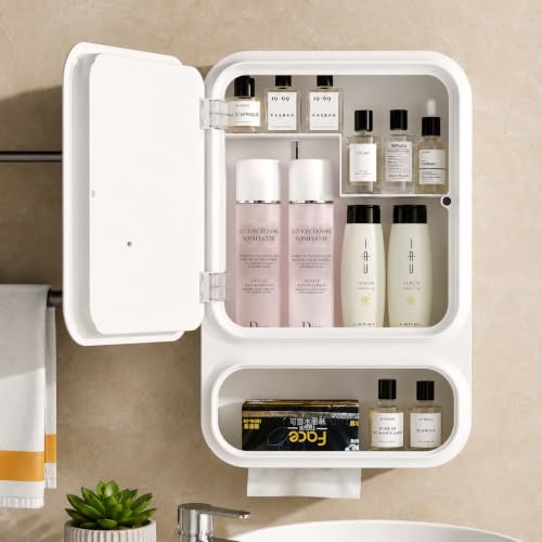 Image of HOME CUBE Wall Mounted Storage Cabinet with LED Mirror, Bathroom Cabinet Storage, Adhesive Bathroom Organizer, Tissue Holder, Cosmetic Organizer, Space Saving, No Drilling Required
