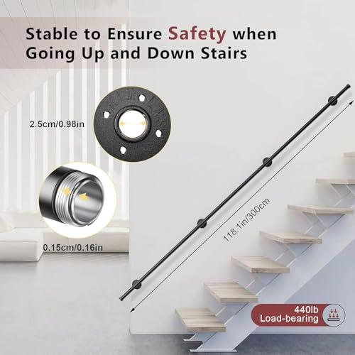Sunowl Handlauf Treppe, Handläufe für Treppen 3M, Treppengeländer Innen und Außen, Verzinkter Handlauf Schwarz für Behinderte Kinder Altere, Wandhandlauf für Küche BadGarten Treppen