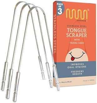 MasterMedi Tongue Scraper for Adults, 100% Stainless Steel Tongue Scrubber for Bad Breath, Easy to Use, Tongue Cleaner for Oral Care & Hygiene (SS Pack of 3)