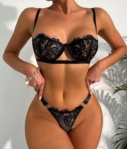 Sexy Spitze Bügel BH und Panty Set, 2 Teilige Durchsichtig Lingerie Lace Verstellbarer Unterbrust BH Hebe und Ouvert String Tanga Damen Frauen Frech Ausgehöhlt G Strings Bikini – Bild 2